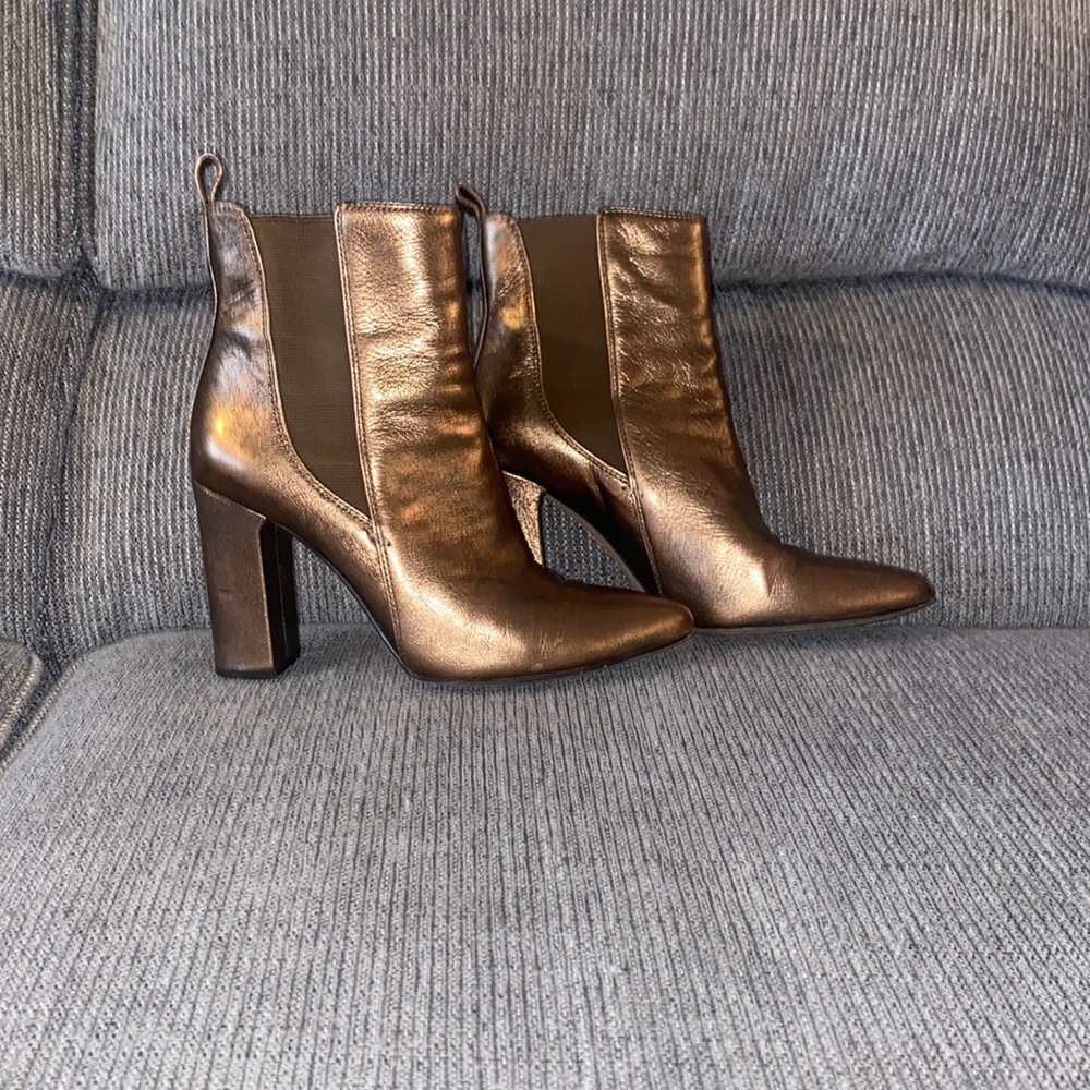 Vince Camuto bitsy metallic bronze stacked heel bootie